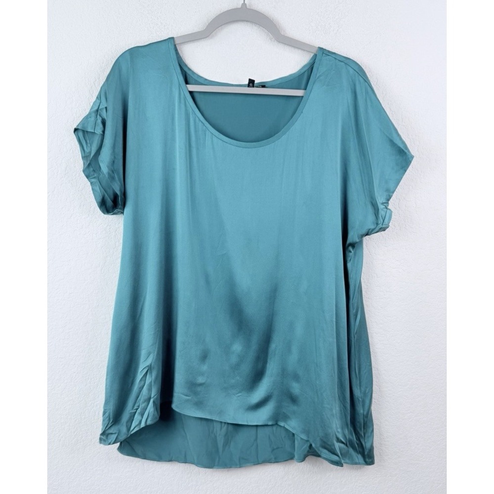 Eileen Fisher Silk Top Blouse Sz L Teal Boxy Oversized High Low Minimalist Basic